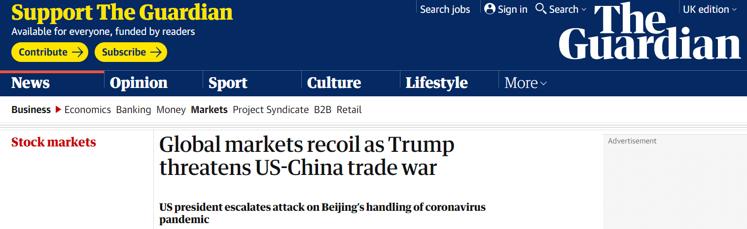 △英国《卫报》报道：特朗普激化中美贸易战，全球市场萎缩